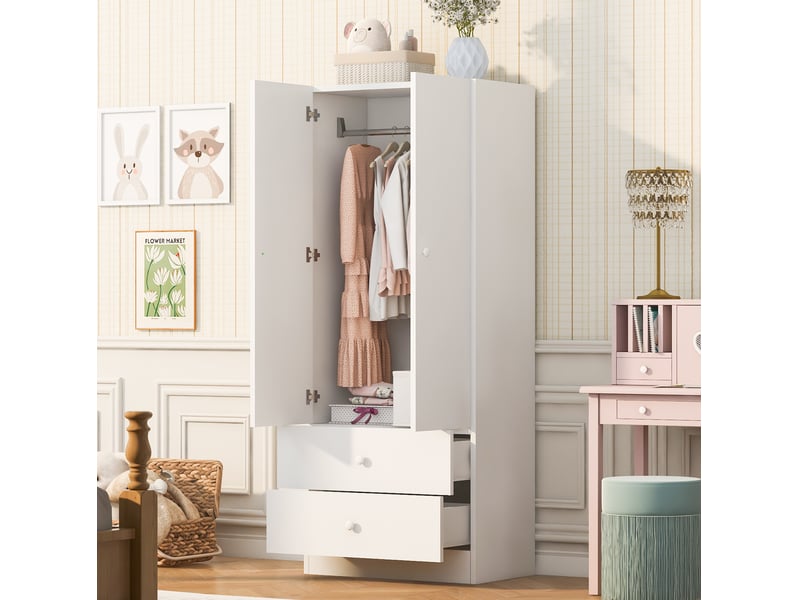 Armoire 2 portes avec penderie et 2 grands tiroirs, espace de rangement pour chambre en mdf blanc, 70 × 40 × 170 cm - Conforama B