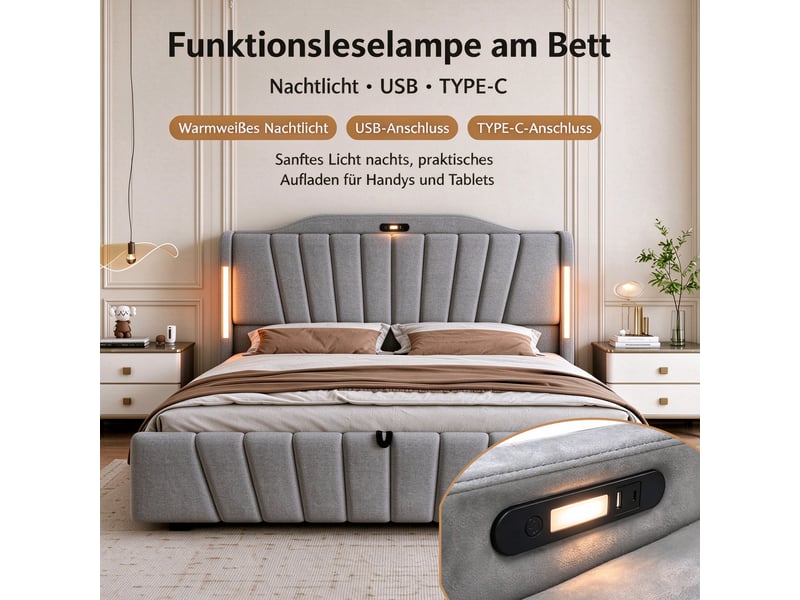 Lit coffre hydraulique 180x200 cm en velours gris avec tête de lit led, usb-c, veilleuse intégrée et rangement Morn Vibe - Conforama E