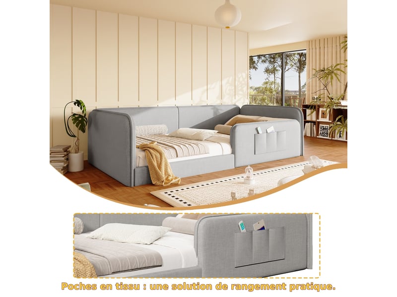  Lit plateforme 90 x 200 cm,  lit 1 place avec cadre de sécurité, rembourré et poches latérales, lin gris  - Conforama E