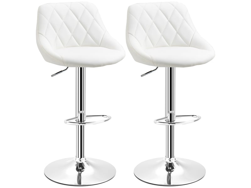  Lot 2 tabourets bar réglables, métalsimilicuir, hauts pivotants, dossier, repose-pieds, 46x48x83-104 cm, blanc.  - Conforama A