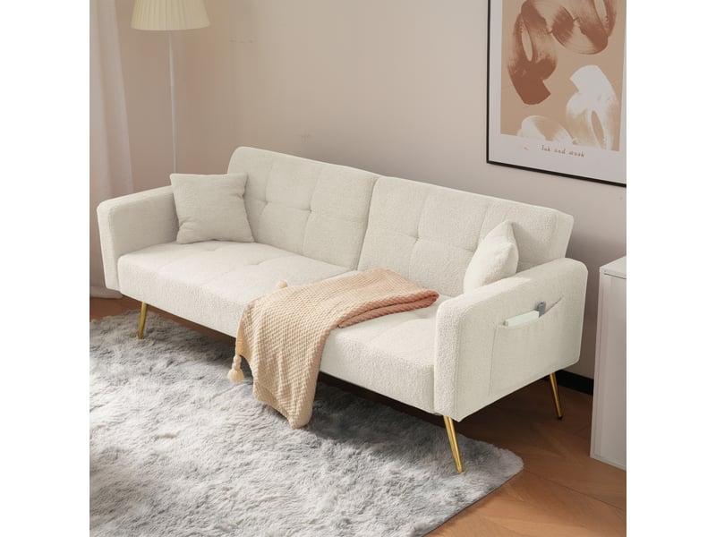  Canapé convertible bouclette blanche 2 places, canapé lit avec pieds dorés et poches latérales, dossier inclinable 175x64x72cm.  - Conforama E