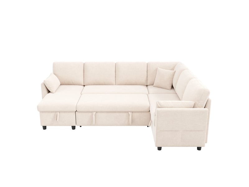 Canapé d'angle en lu convertible ,6 places, avec ports usb et type-c, poche latérale, 3 coussins,255 x 196 x 85cm,beige - Conforama A