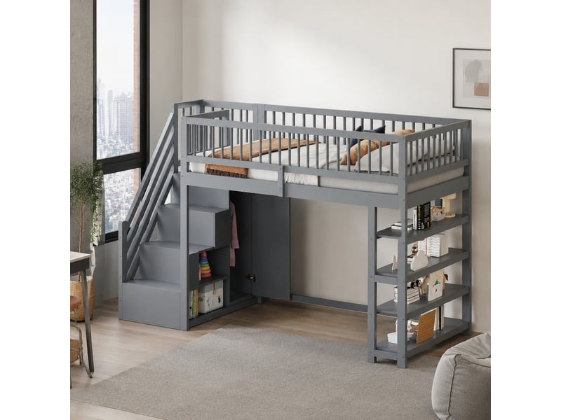  Lit mezzanine enfant 90 x 200 cm avec armoire, étagères et rangement gris  - Conforama B