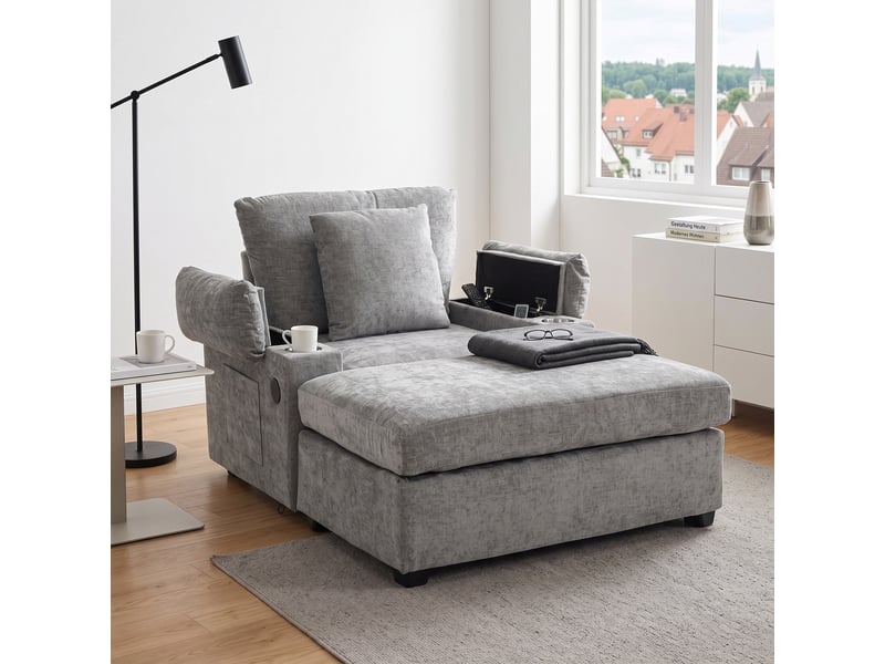 Fauteuil gris en chenille avec pouf, 98 × 148 × 83 cm, rangements dissimulés, port usb et poches latérales - Conforama B