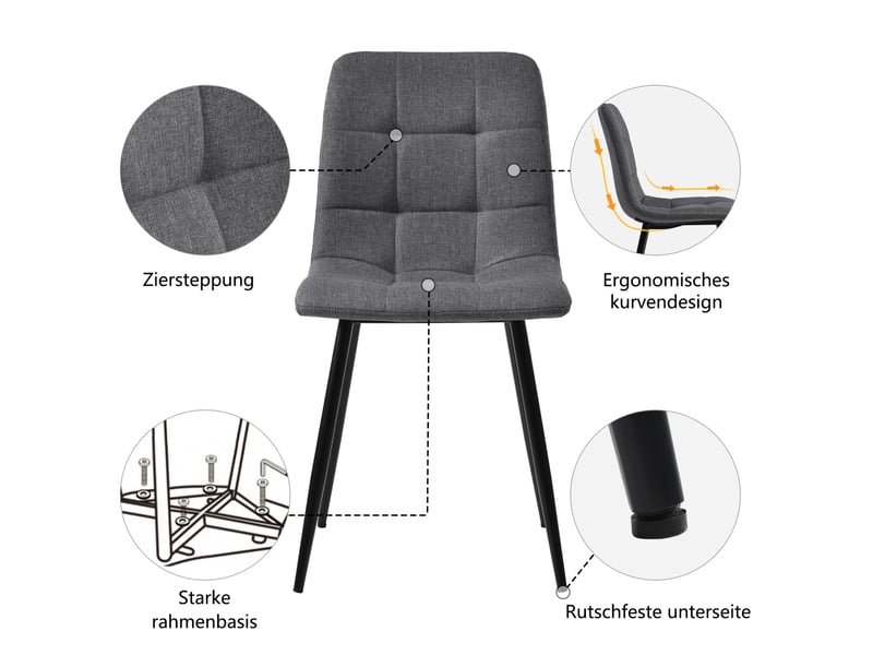  Ensemble repas 5 pièces, table mdf motif marbre, pieds métal réglables, 4 chaises en lin et mousse gris, design moderne  - Conforama E