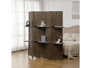 Paravent intérieur séparateur de pièce 4 panneaux 2 étagères bois de pin tressée fibres de papier 181 x 180 cm marron
