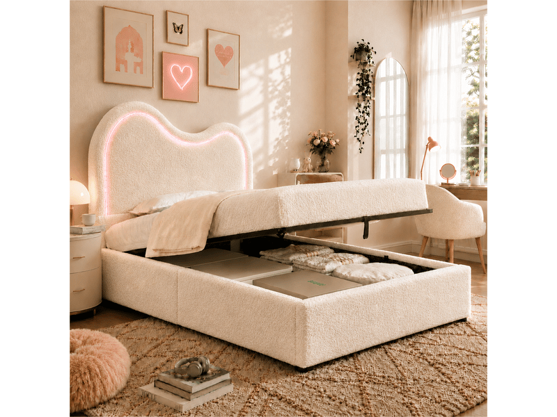  Lit enfant simple 90×200 cm coffre, led réglable - okmyhome- bouclé blanc, sans matelas, sommier inclus  - Conforama B