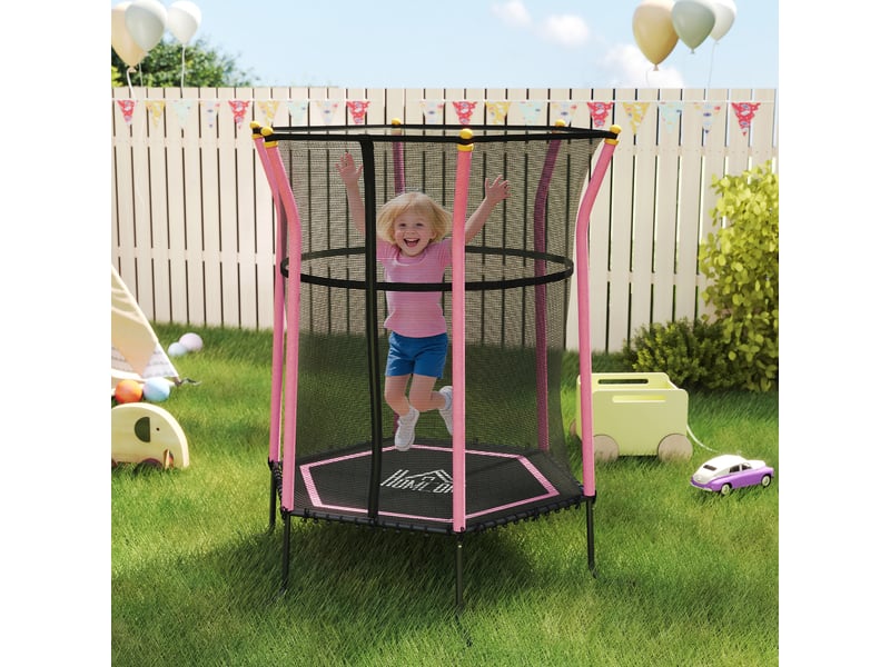 Trampoline pour enfant 1,22 x 1,11 x 1,9 m filet de sécurité porte zippée 6 poteaux rembourrés inclus rose noir - Conforama B