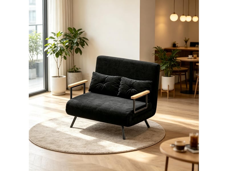  Canapé convertible 2 places 4 en 1 avec dossier réglable sur 5 positions, assise en velours noir et 2 coussins  - Conforama D