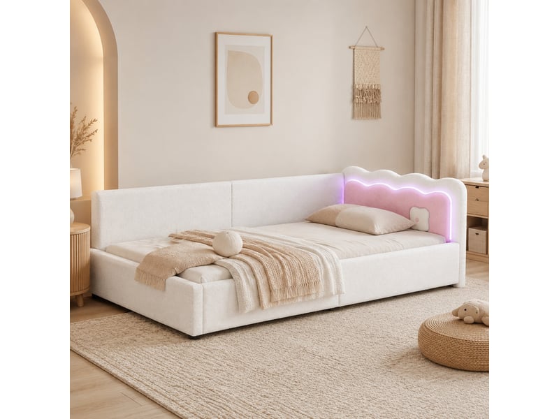  Méridienne lit de jour 90 x 200 cm avec éclairage à couleurs réglables et commande par application en velours blanc  - Conforama C