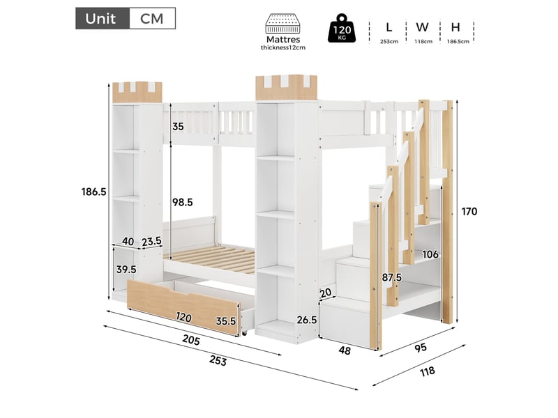  Lit superposé enfant modenvie château 90 x 200 cm avec escalier de rangement, tiroir et barrières blanc et bois naturel  - Conforama C