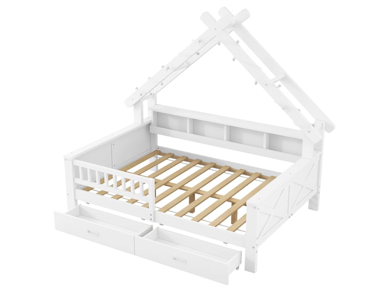  Lit maison 140x200 cm blanc, avec led, rangements, 2 tiroirs, garde-corps, structure bois, sommier inclus, sans matelas  - Conforama A