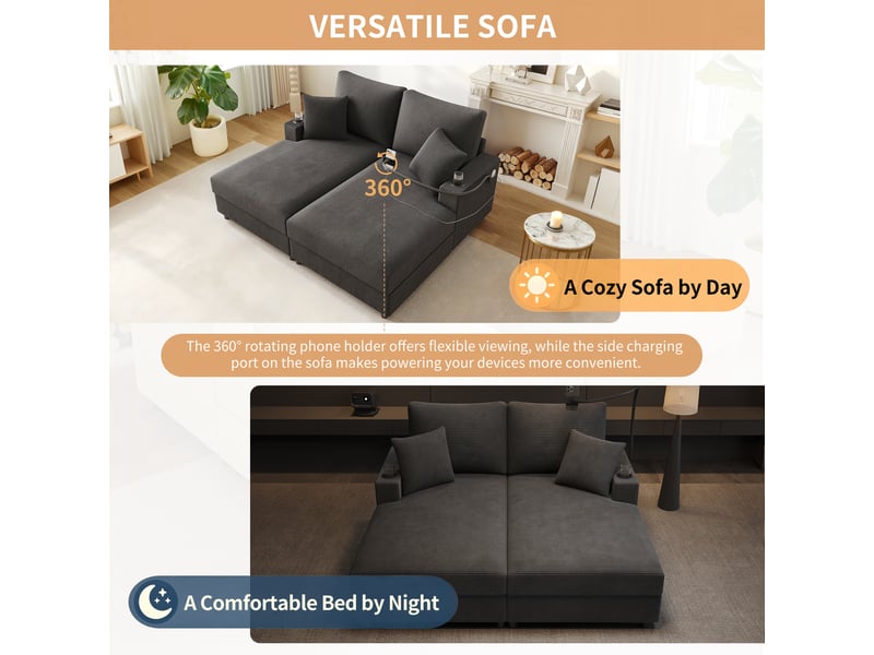  Canapé-lit 2 places 163 x 140 x 82 cm, avec support téléphone 360°, usbusb-c, 2 porte-gobelets, 2 coussins, tissu côtelé - gris  - Conforama E