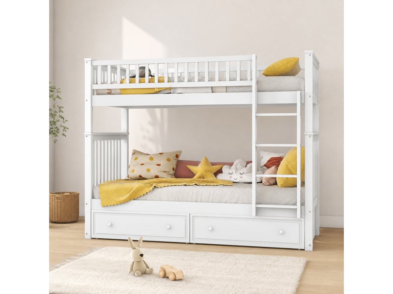 Lit superposé enfant à deux couchages 200×90 cm, séparable en deux lits, avec 2 tiroirs, en pin et mdf blanc  - Conforama B