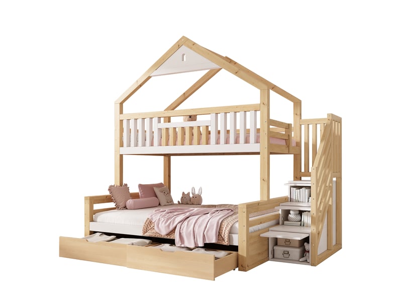  Lit superposé enfant modenvie 90 x 200 et 140 x 200 cm avec escalier et tiroirs blanc et chêne  - Conforama A