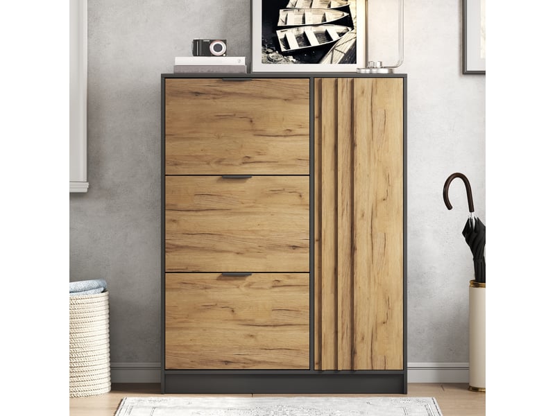  Meuble à chaussures - 100x30x130cm - 3 portes abattantes &amp; 1 placard avec étagères en mdf - bois &amp; noir  - Conforama C