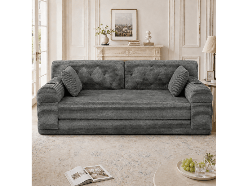 Canapé convertible 2 places 168.00×80.00×81.00 cm en velours côtelé avec poches latérales et porte-gobelets gris foncé chicfurn - Conforama B