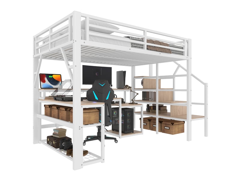  Lit mezzanine 140 x 200 cm sans matelas, structure métal, bureau, led, usb, escalier avec rangement, blanc  - Conforama A