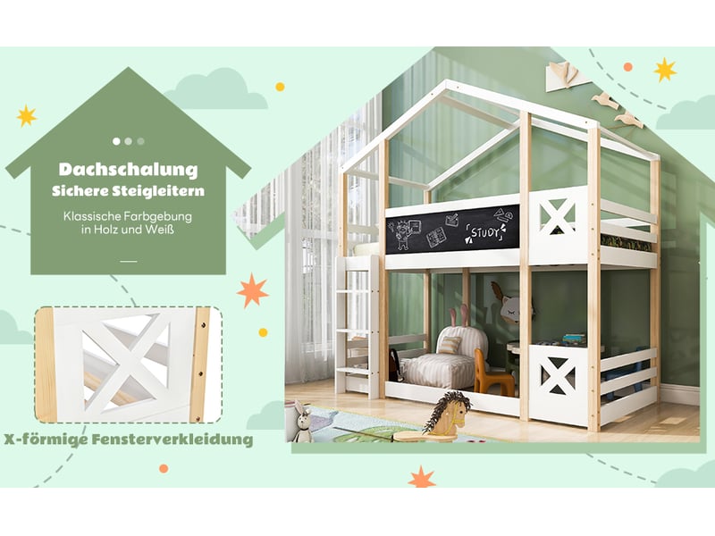  Lit mezzanine 90 x 200 cm, lit enfant surélevé, structure en forme de maison, échelle, barrières de sécurité, bois massif, blanc Morn Vibe - Conforama E