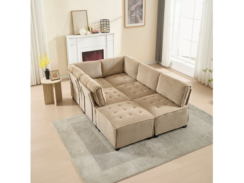  Canapé modulable tcqpz 6 places 308 x 154 x 81,99 cm velours côtelé kaki convertible en couchage  - Conforama E