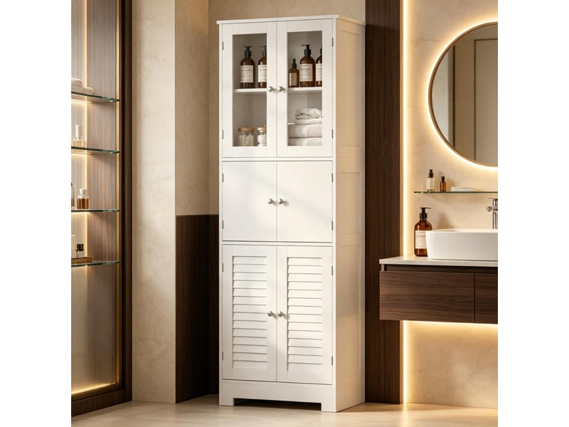 Colonne salle de bain sur pied, 6 portes dont 2 vitrées et 2 coulissantes, étagères réglables - Conforama E