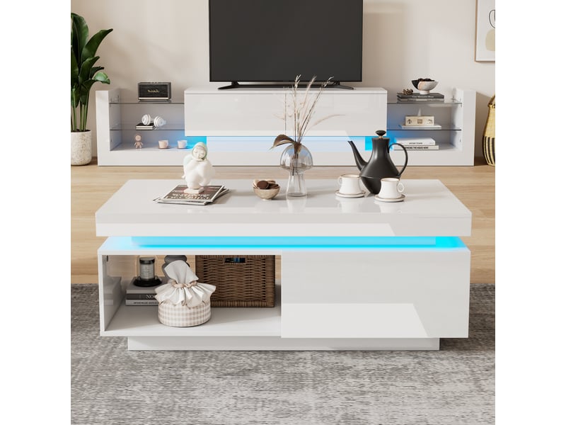  Table basse blanche brillante 100x50 cm, table de salon avec led intégrées, tiroir de rangement, charge 50 kg  - Conforama R