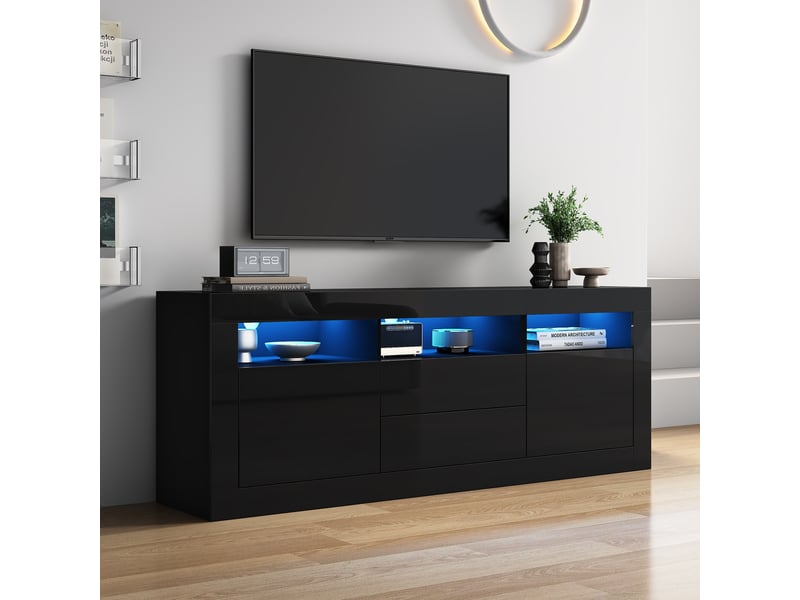 Meuble tv haute brillance 160 x 35 x 60cm avec led,3 compartiments ouverts,2 portes+2 tiroirs,contrôle intelligent de l'app,noir Façade Brillante,avec Lumière - Conforama W