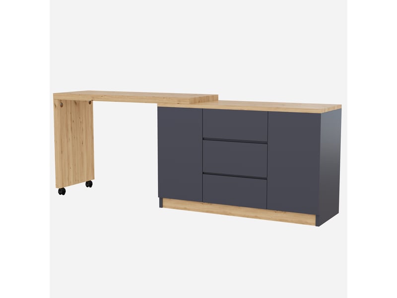  Bureau d'angle pivotant, bureau à roulettes avec freins, bureau gris et chêne, table de travail modulable pour maison et bureau.  - Conforama E