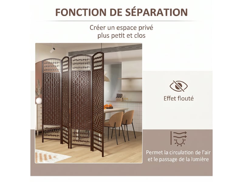  Paravent intérieur en bois séparateur de pièce cloison pliable 4 panneaux marron 160 x 170 cm  - Conforama W