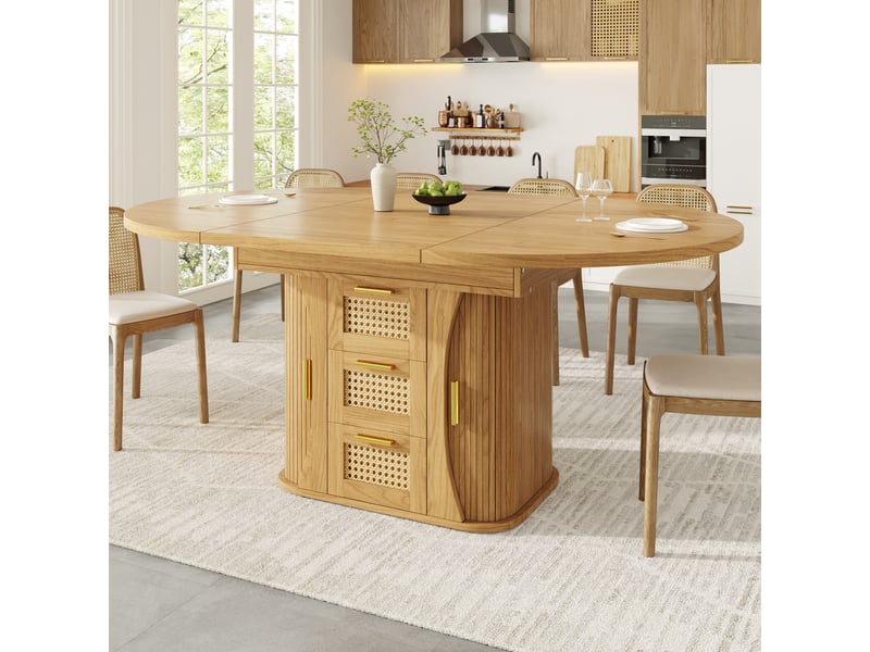 Table de salle à manger extensible 118-158x118x77,1 cm avec rangement intégré, tiroirs rotin et finition bois, mdf, naturel Sol Morn - Conforama B