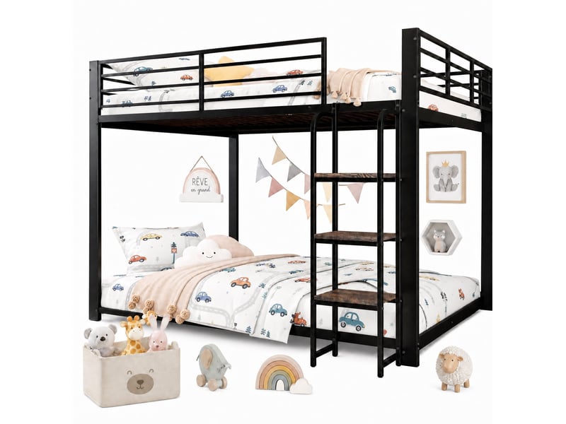  Lit superposé, 140x200 cm, sommier à lattes, garde corps de sécurité, matelas non inclus, bois et métal, coloris noir  - Conforama A