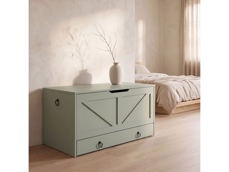  Kura - coffre de rangement 100x50x40 cm avec charnières de sécurité et commode en bois vert sauge  - Conforama B