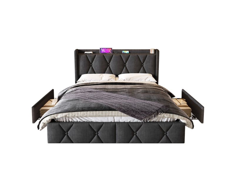 Lit coffre gris 160x200 cm avec chargeur usb intégré, 4 tiroirs, sommier bois - sans matelas - Conforama A