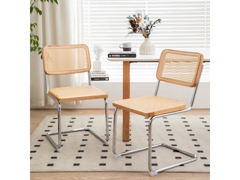 Lot de 2 chaises de salle à manger cantilever 53x46,4x84,6 cm, dossier en cannage rotin, assise rembourrée en velours, piètement chromé, bois naturel - Conforama C