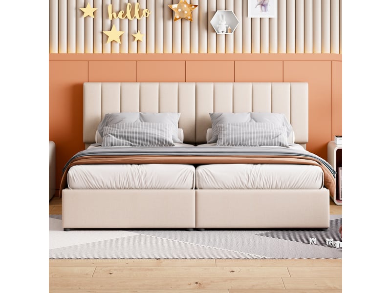 Lit adulte et enfant 180x200cm, lit coffre, lit double avec tête de lit réglable et sommier, lin beige, sans matelas - Conforama B