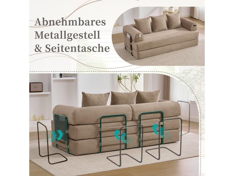  Canapé droit 200 x 94 x 67 cm avec structure en métal, poches latérales, 3 coussins et assise compressée, velours côtelé, kaki Morn Vibe - Conforama E