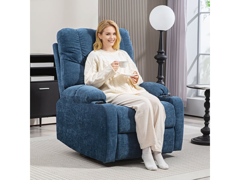 Fauteuil relax inclinable bleu foncé, pivotant et à bascule, repose-pieds et porte-gobelets pour salon - Conforama B