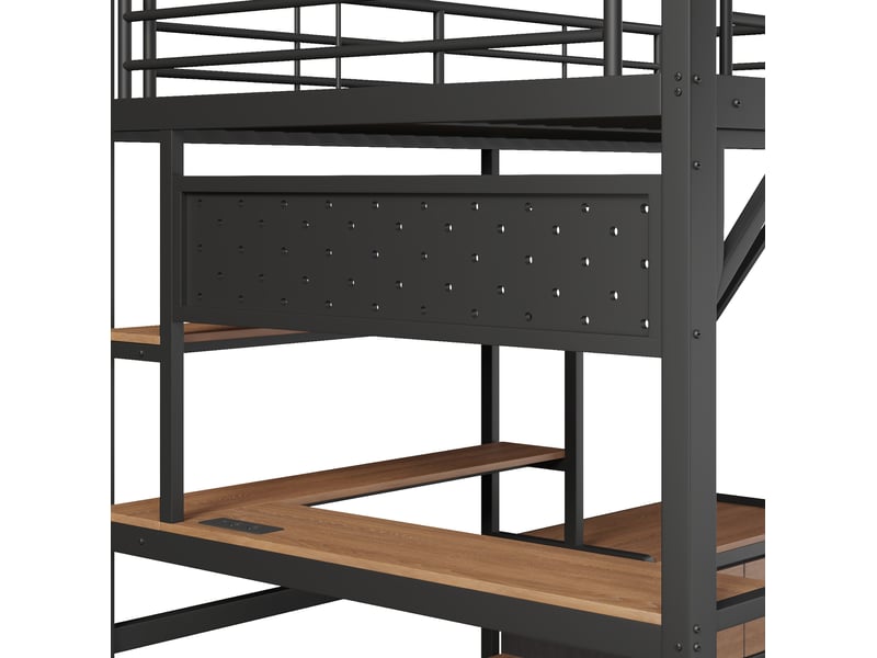  Lit mezzanine enfant 140x200 cm noir en métal et mdf avec bureau, rangements, led et usb, sans matelas  - Conforama D