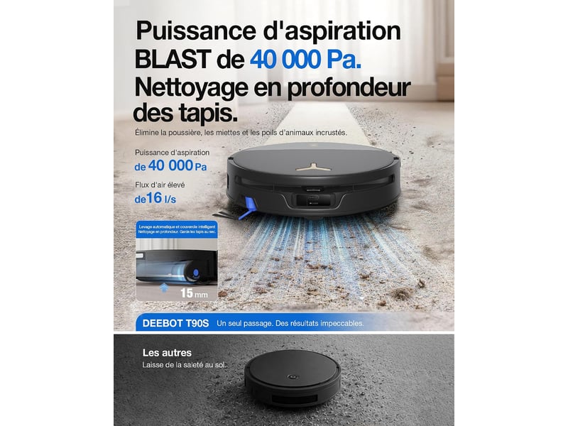  ECOVACS DEEBOT T90S Pro Omni Set Robot Aspirateur Laveur,40000Pa,OZMO Roller 3.0,Anti-Enchevêtrement 40000Pa, OZMO Roller 3.0, YIKO - Conforama C