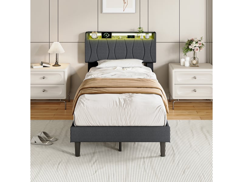  Lit simple capitonné 90x200cm avec cadre de lit à lattes et lumière led, tête de lit,gris  - Conforama D