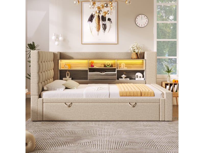  Lit banquette 90x200 cm, lit gigogne 90x190 cm en lin beige, lit capitonné avec éclairage led &amp; ports usb pour chambre d'amis et enfants  - Conforama E