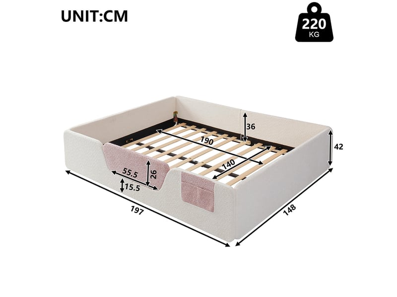  Lit enfant rembourré 140x190 cm, barrières amovibles, poche intégrée, avec sommier à lattes, tissu velours, beige, sans matelas  - Conforama D