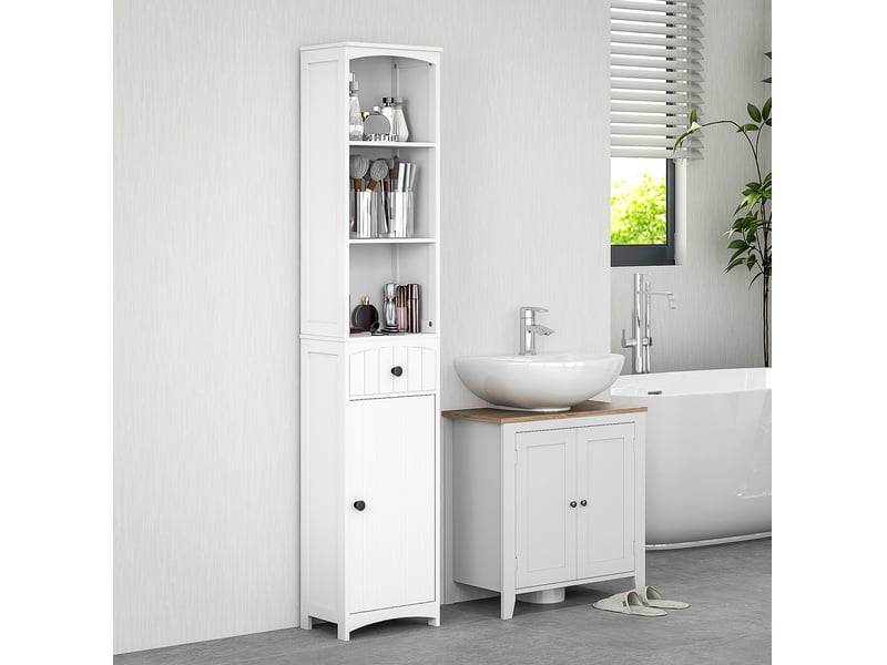  Armoire haute de salle de bain 34x24x170,5 cm avec 1 tiroir, 1 meuble fermé et 3 rangements mdf blanc  - Conforama B