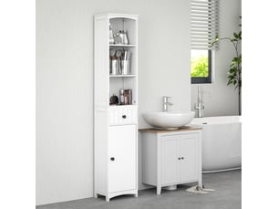 Armoire haute de salle de bain 34x24x170,5 cm avec 1 tiroir, 1 meuble fermé et 3 rangements mdf blanc