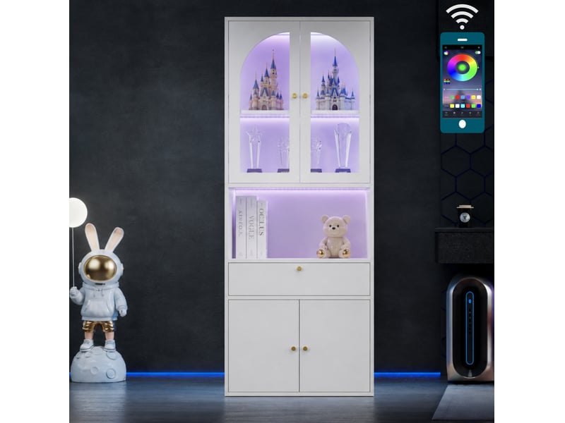  Armoire vitrée blanche 70 x 35 x 180 cm avec led rgb, tiroir et rangements  - Conforama E
