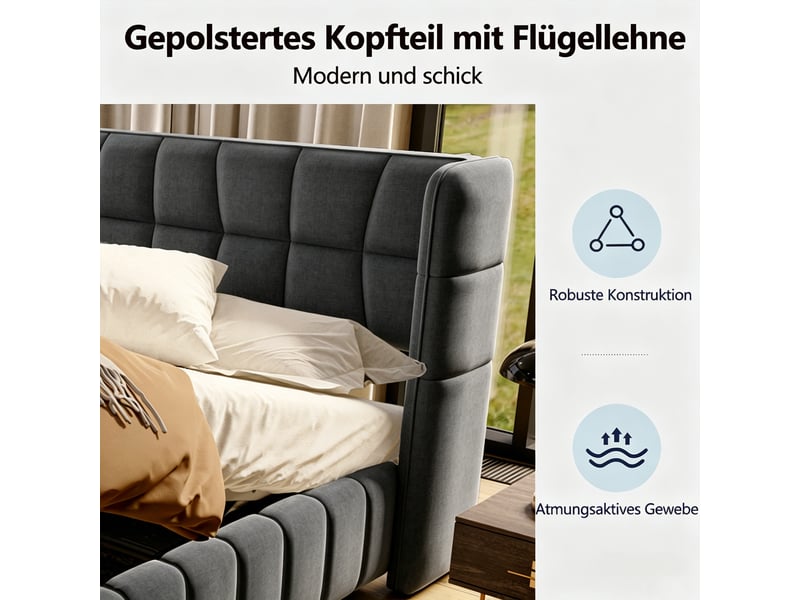  Lit coffre double 180×200 cm avec rangement et tête de lit  - sans matelas, tissu et métal - gris  - Conforama E
