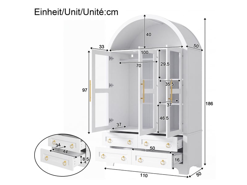  Armoire de rangement 110x50x186 cm - 4 tiroirs - led contrôlable par application - mdf et panneaux de particules - blanc CozyNest - Conforama C