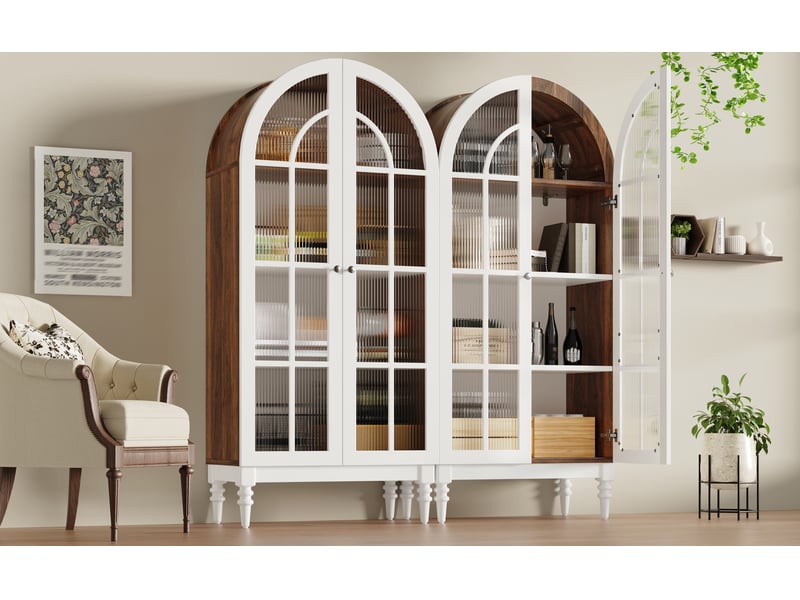 Lot de 2 vitrines de cuisine cintrées 165 cm, portes verre cannelé, tablettes réglables, style vintage, 76x38,5x165 cm chacune, blanc - Conforama D