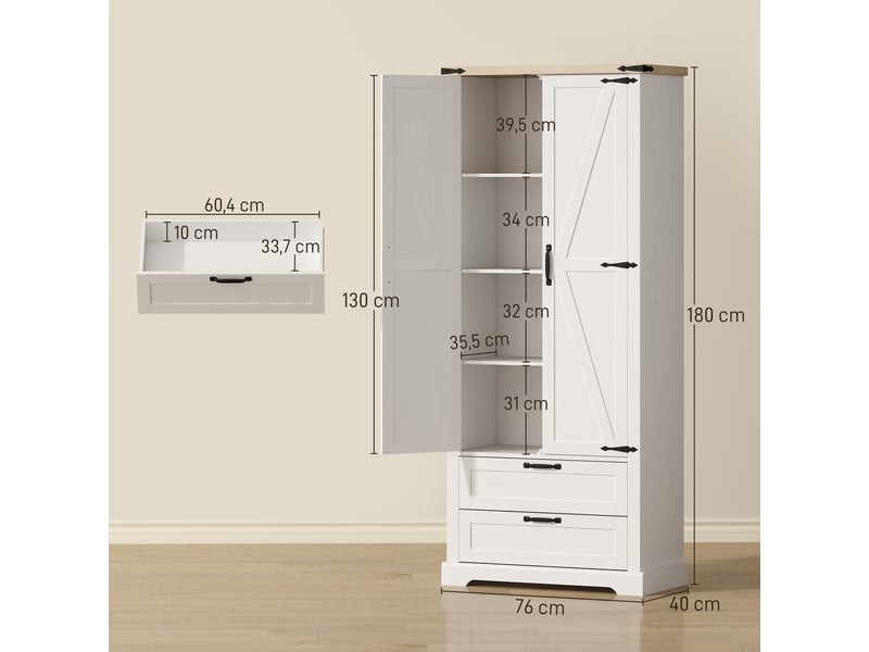  Buffet haut cuisine, armoire de cuisine avec 2 portes, 2 tiroirs, étagères réglables, style rustique, blanc, 76x40x180cm  - Conforama C