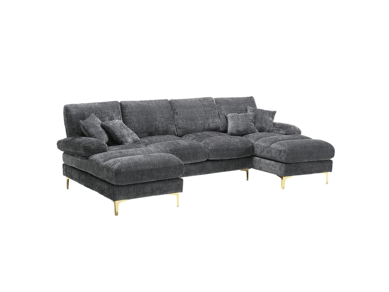 Canapé panoramique en u 272x136 cm avec pieds métal doré, chenille gris foncé Morn Vibe - Conforama A